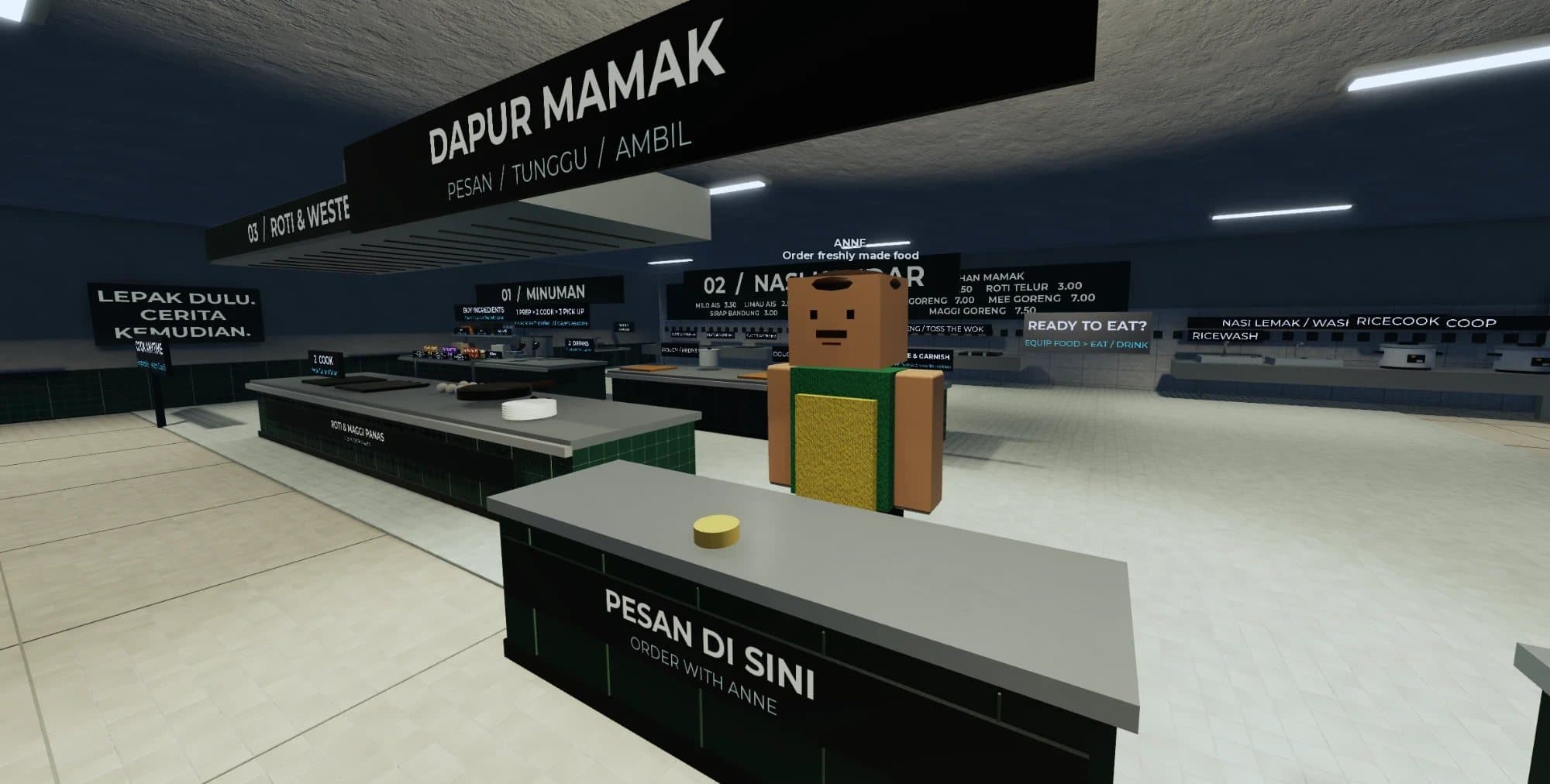In-game at night: Anne at the PESAN DI SINI counter in Dapur Mamak, with the station signs behind her.